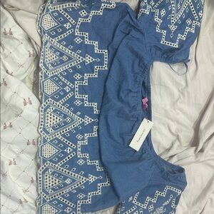 Chic Blue Top with White Geometric Design